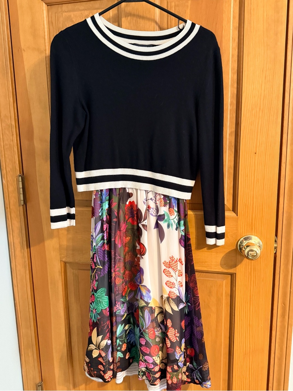 Maeve Black Long-Sleeve Knit Twofer Dress with Multicolor Floral Skirt